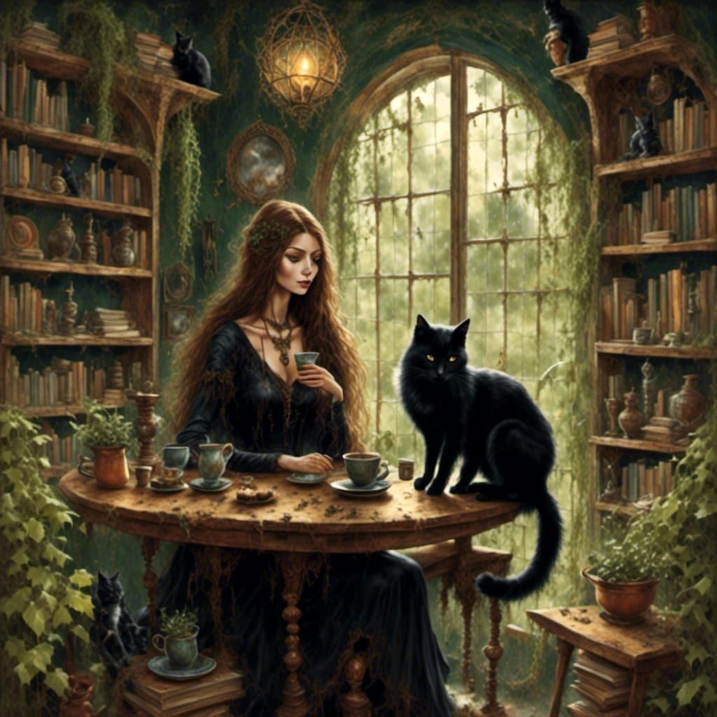 Whimsical Witch Coffee Break in Cozy Illustration