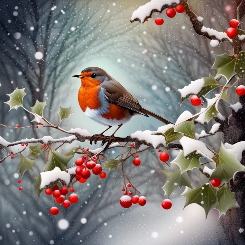 Robin on Holly Branch in Snowy Landscape