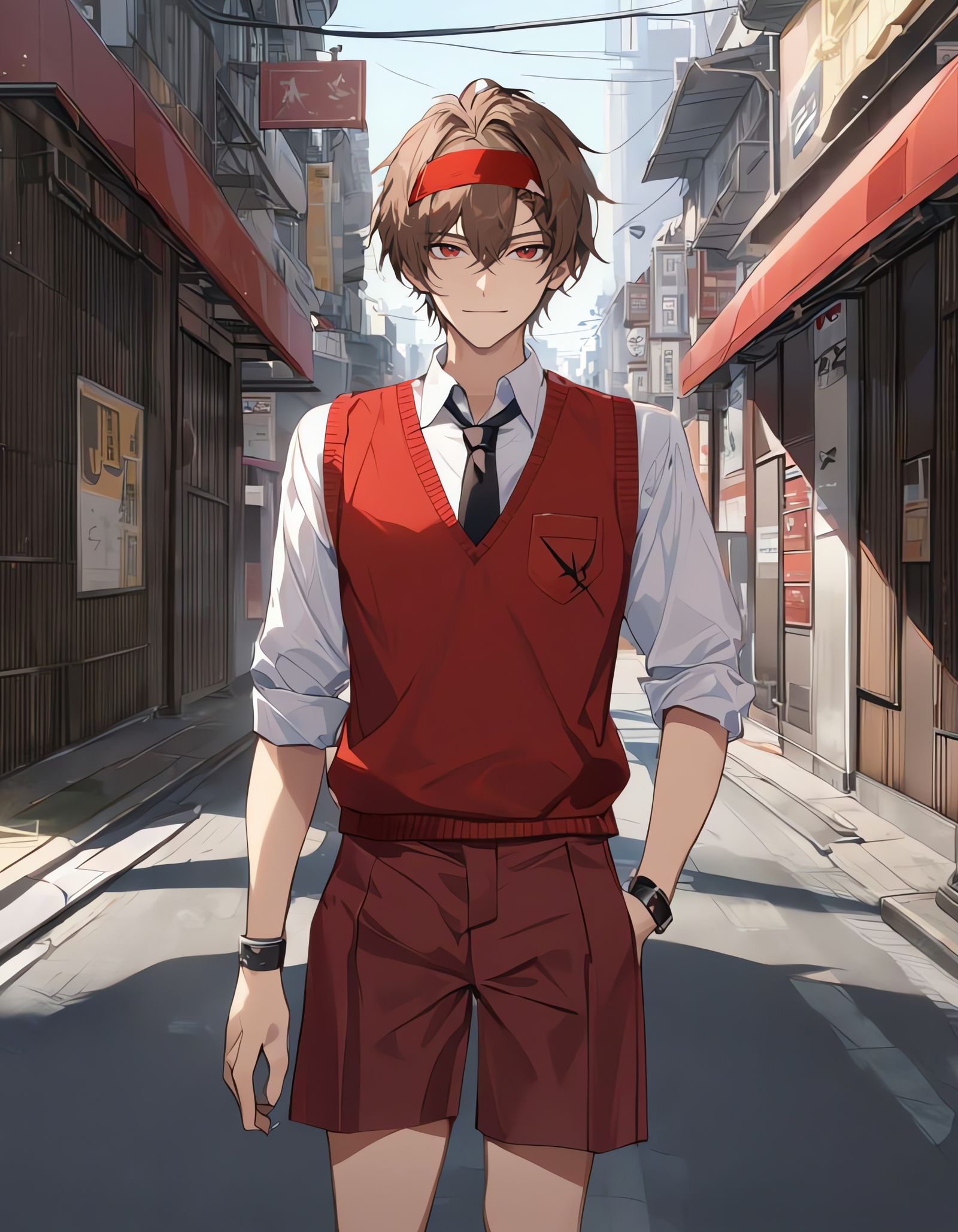 Bishounen in a City Street, Standing with a Light Smile