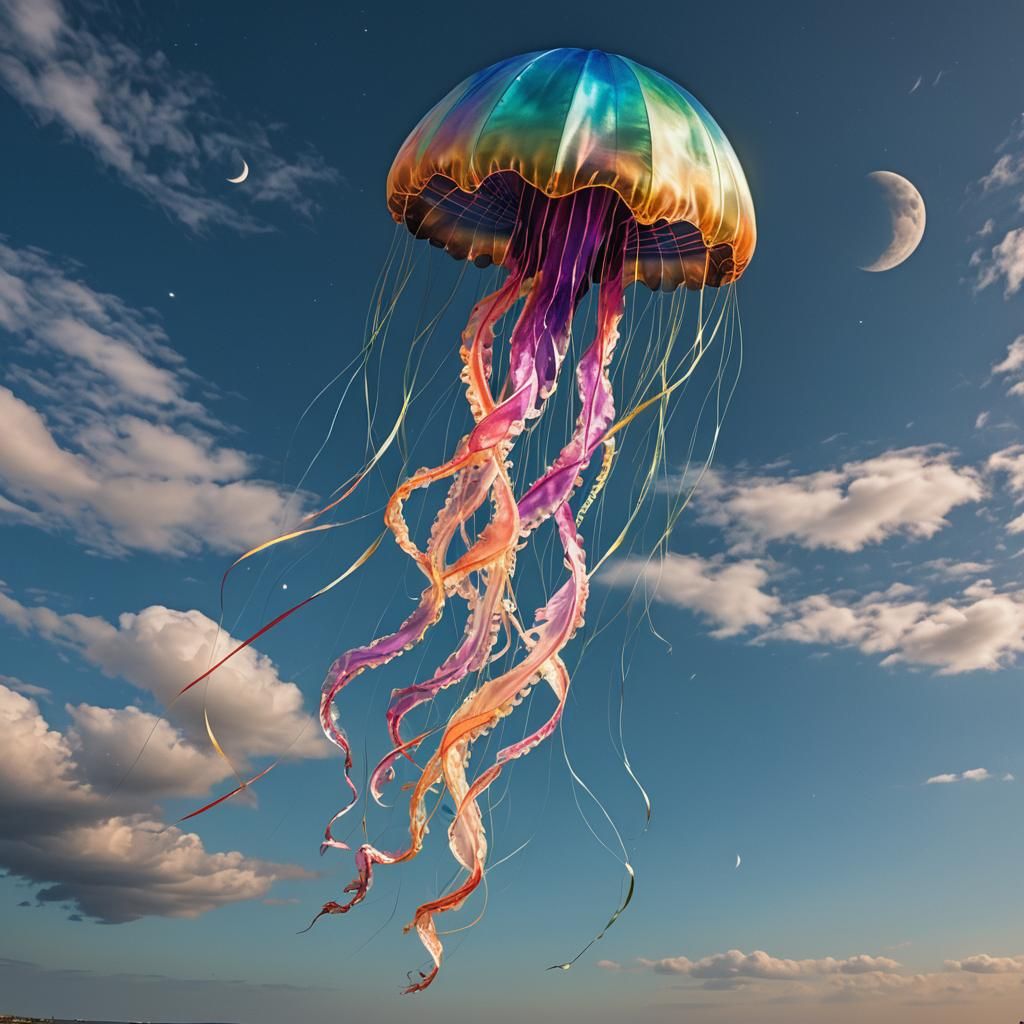 A jellyfish kite made out of iridescent fabric. The kite is in the shape of a jellyfish, and it has a long, flowing tail...