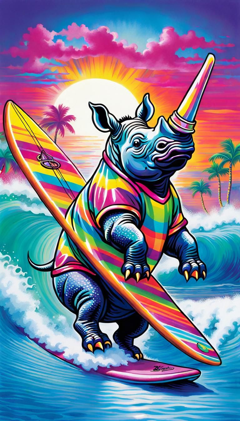 Rhinoceros Surfing in Lisa Frank Art Style
