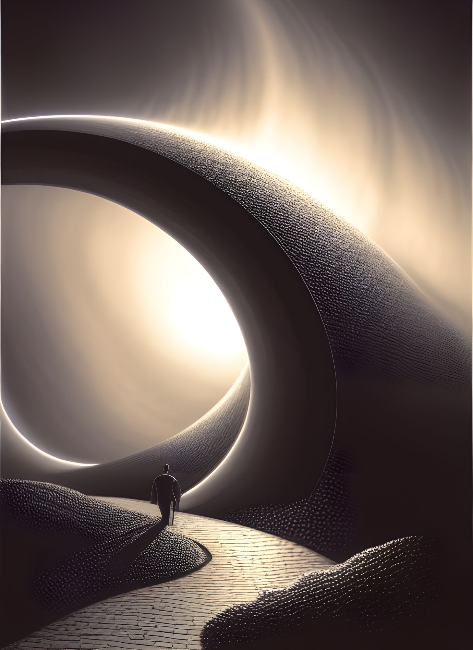 Surreal Figure Walking on Metal Arch