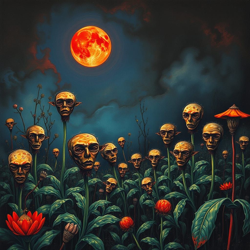 Surreal Garden Under Red Moon in Cubist Style