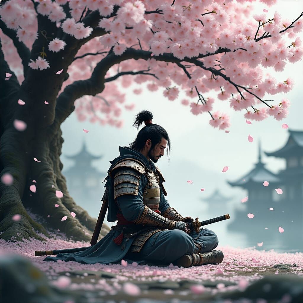 Samurai Meditating Under Cherry Blossoms in Ukiyo-e Style