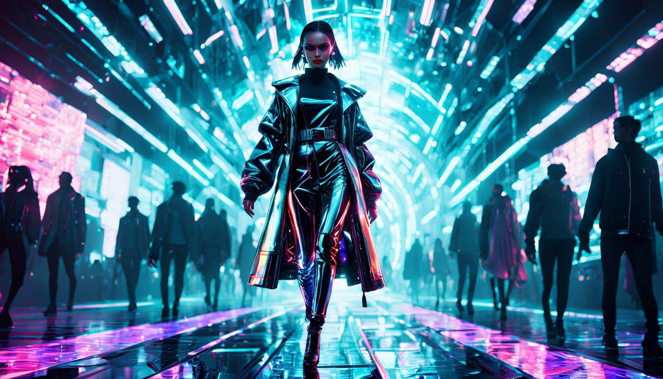 Cyberpunk Fashion Model Struts Down Neon-Lit Runway
