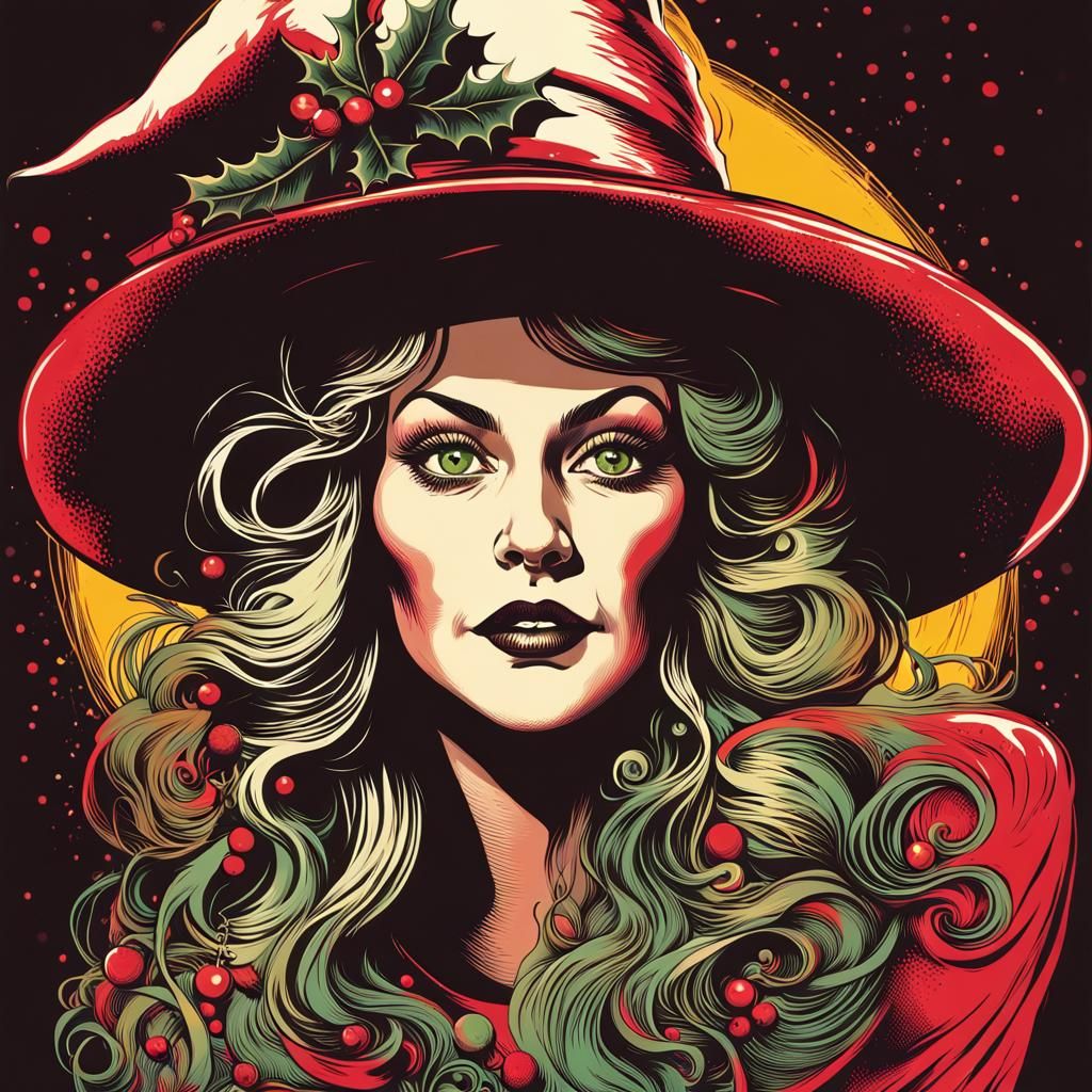 Vintage Christmas Witch Screenprint Poster