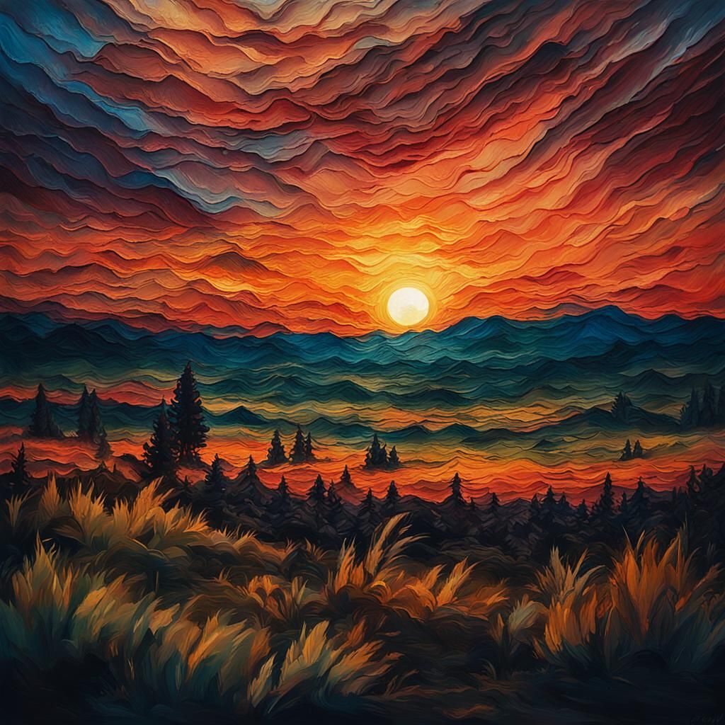 Dramatic Impasto Sunset Landscape Painting
