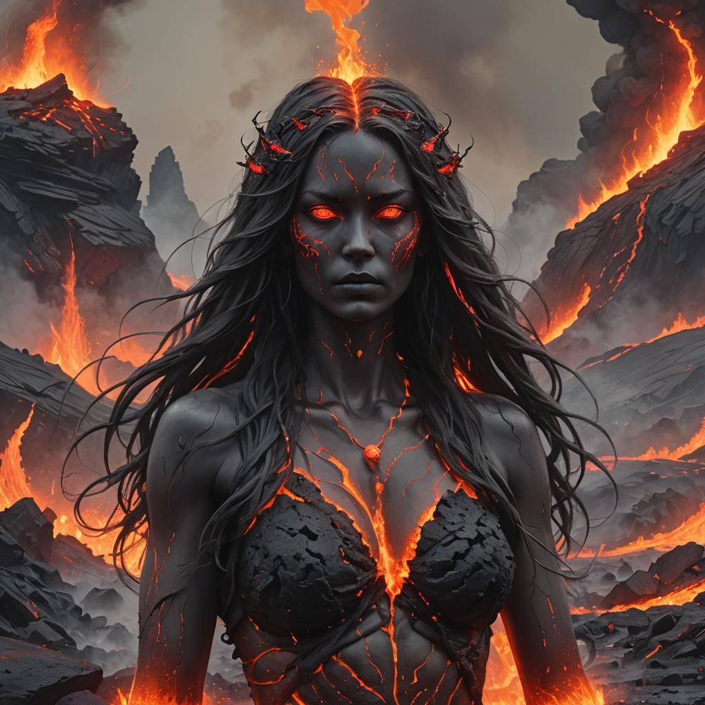Obsidian Goddess Amidst Volcanic Flames