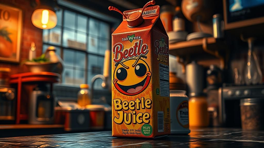 Vibrant Beetle Juice Carton in Hyperrealistic Oil Painting
