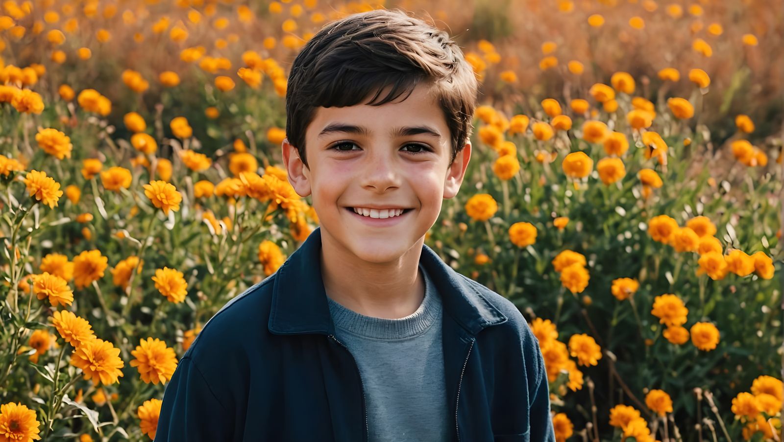 Smiling Boy in Autumn Flower Field: Real Photo