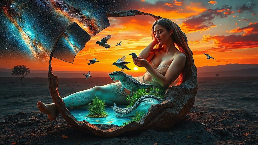 Surreal Sculpture of Woman Revealing Bioluminescent Oasis