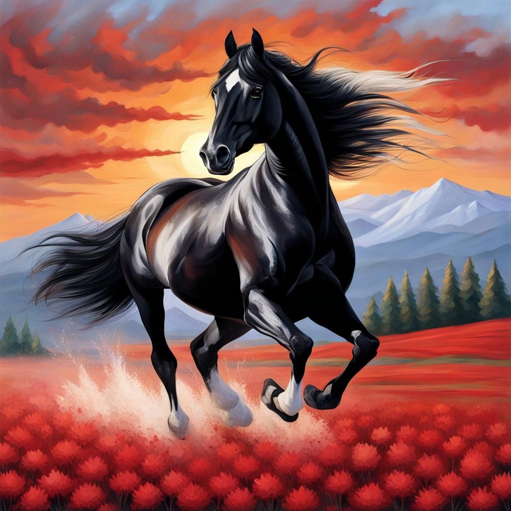 Black Horse Galloping Across Red Field at Sunrise