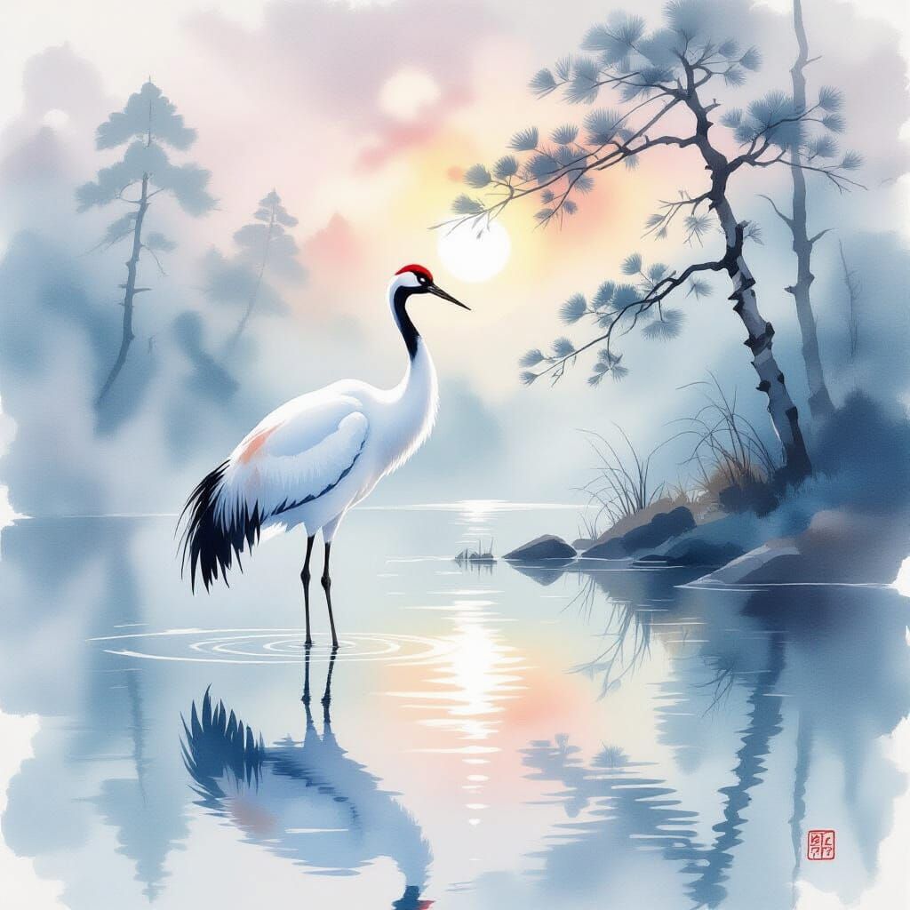 Ethereal Watercolor Crane in Serene Reflection
