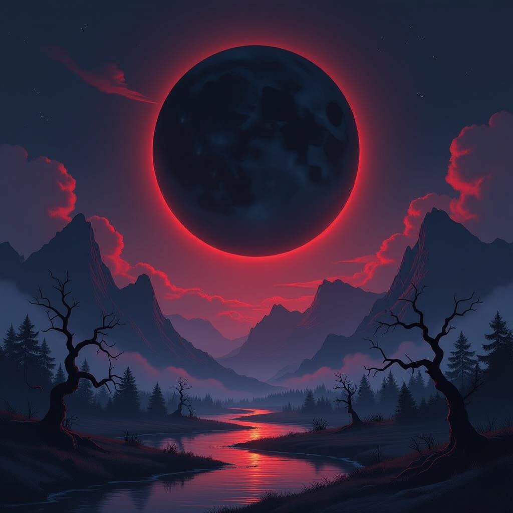 Eerie Landscape with Crimson Moon in Cinematic Style