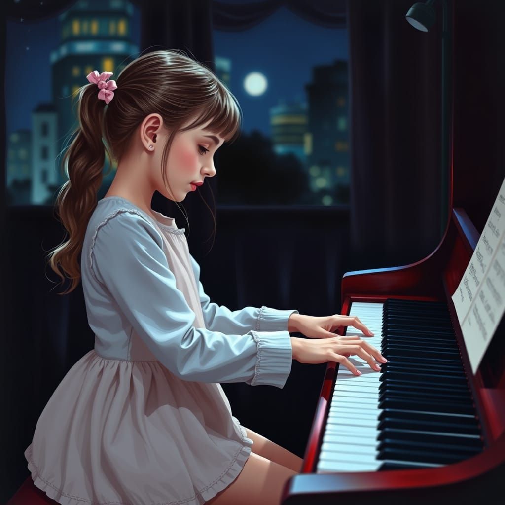 Elegant Girl Plays Piano Under Moonlight