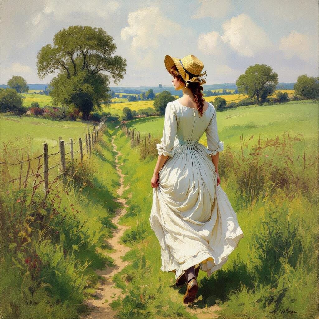English Countryside Stroll in Impressionist Style