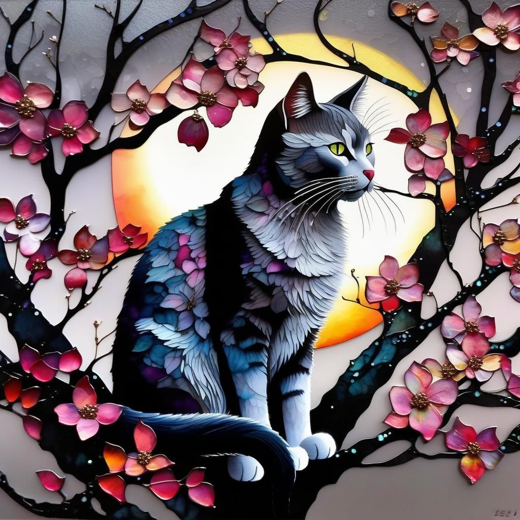 Grey Cat in Dogwood Tree: Mixed Media Digital Art