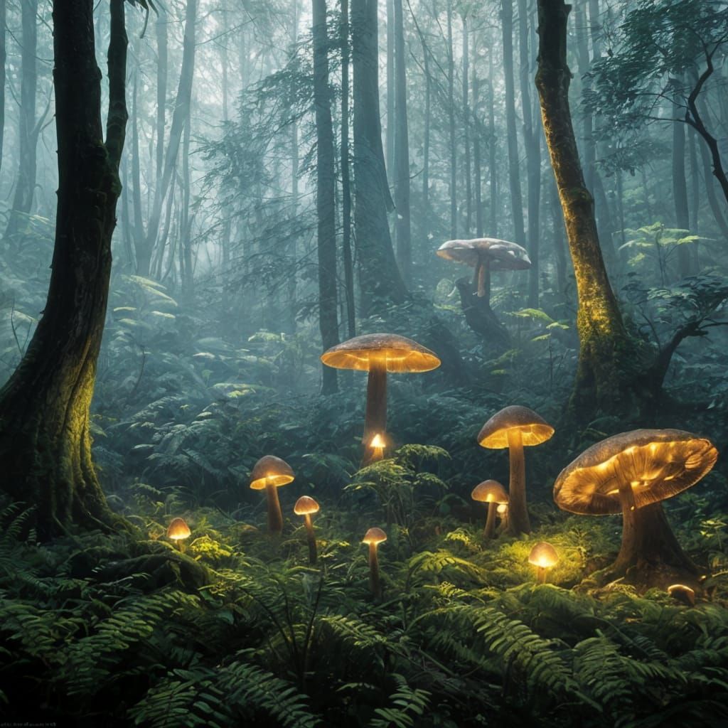 Glowing Mushrooms in Fantasy Forest, Detailed Art