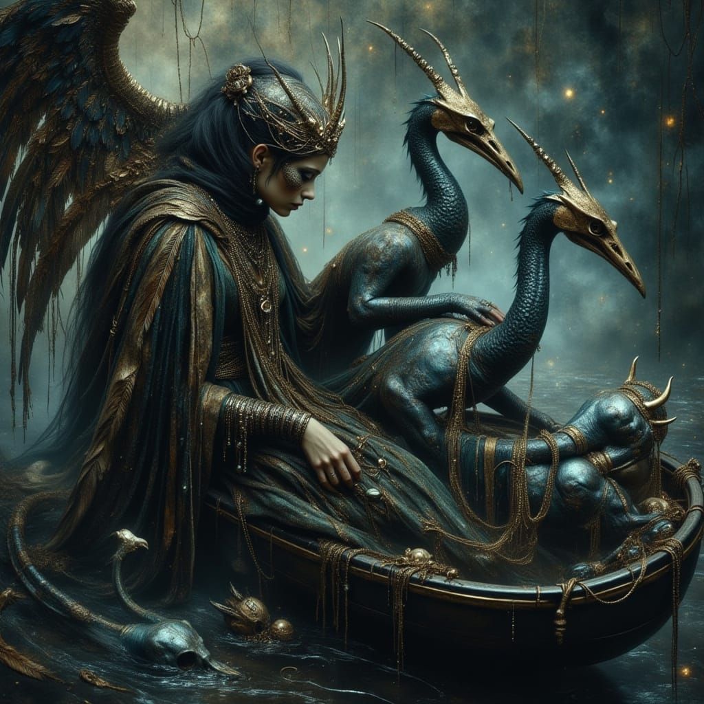 Empress with Spirit Dragons in Obsidian Boat