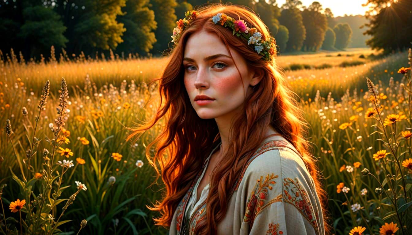 Ethereal Woman in Meadow, Painterly Fantasy Style