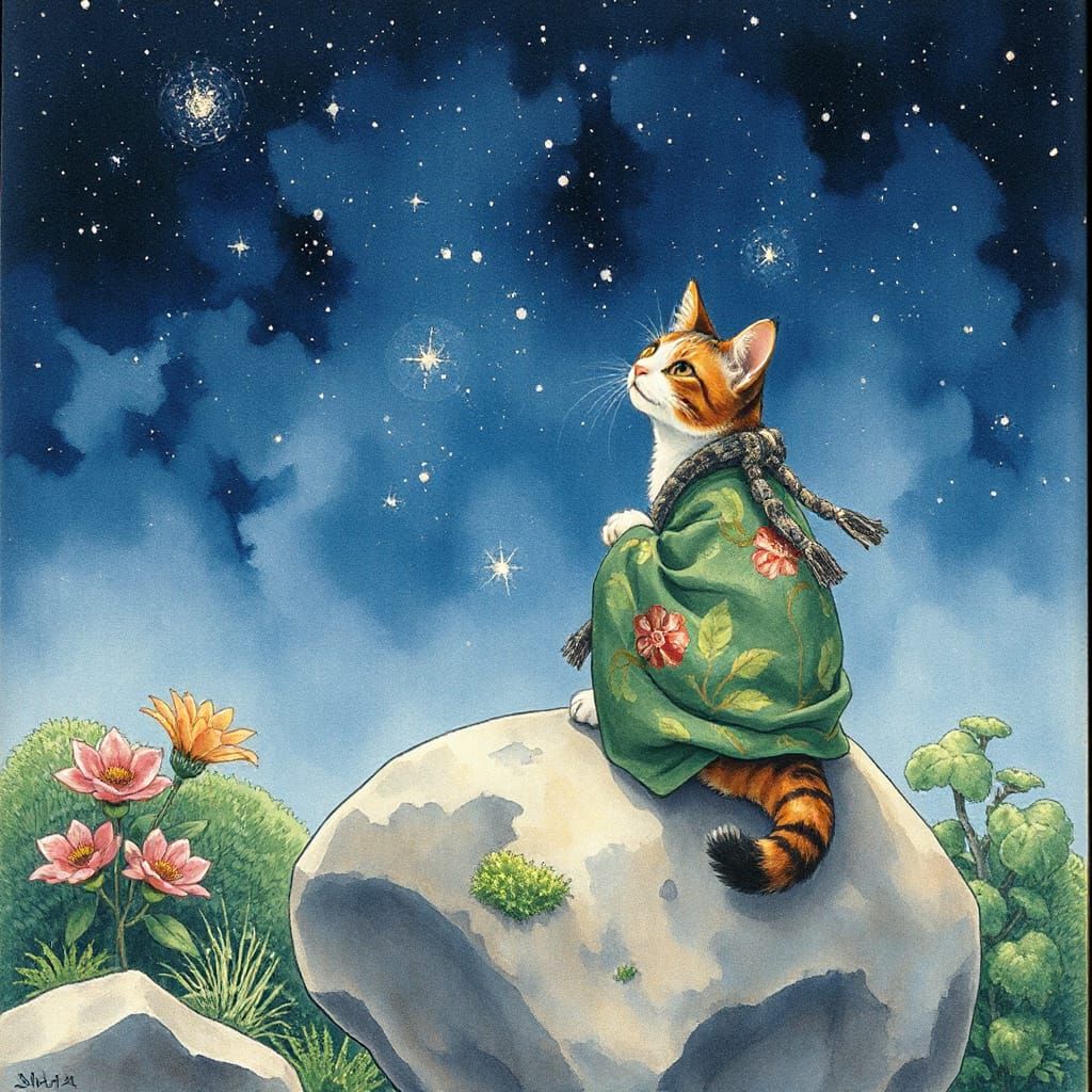 Calico Cat in Zen Garden, Alphonse Mucha Style