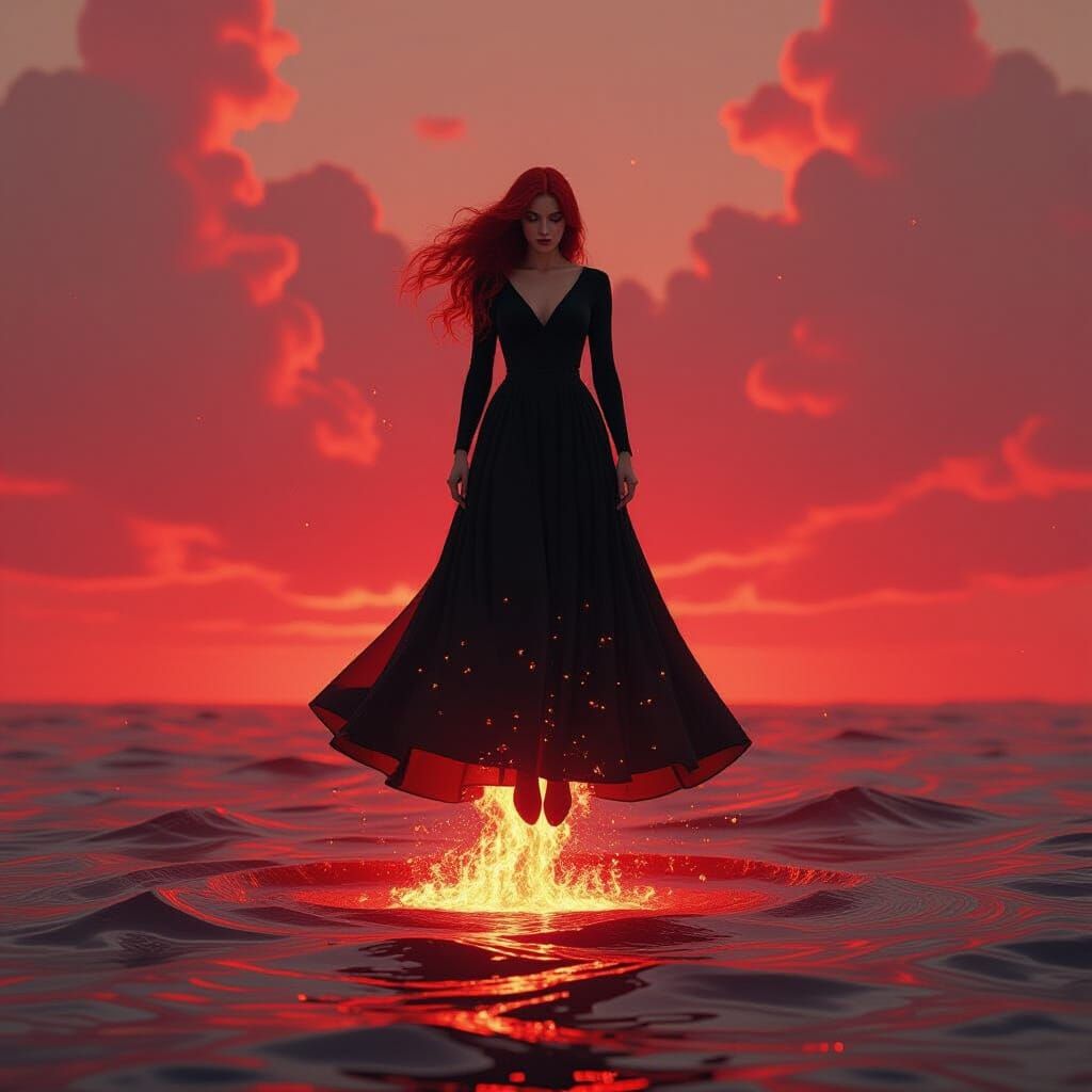 Redhead Woman Levitating Above Fiery Sea in Glitch Art Style