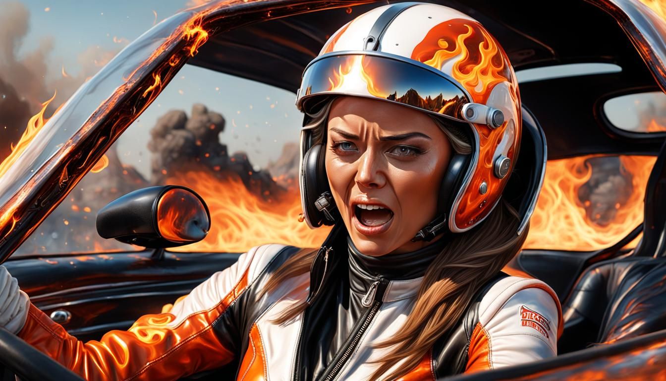 Burning Race Car Driver in Hyperrealistic Style