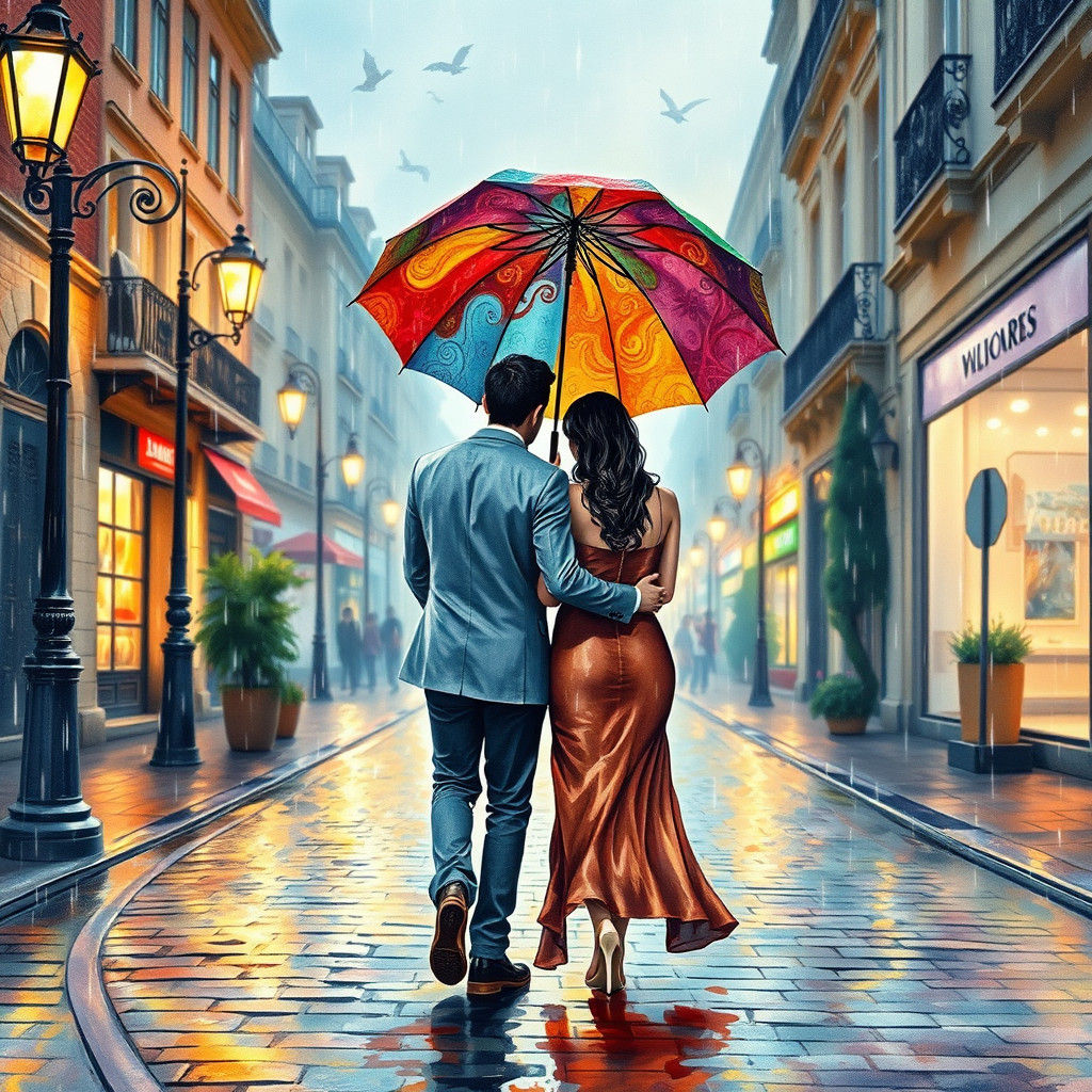 Rainy Embrace: Watercolor Couple Under Street Lamps