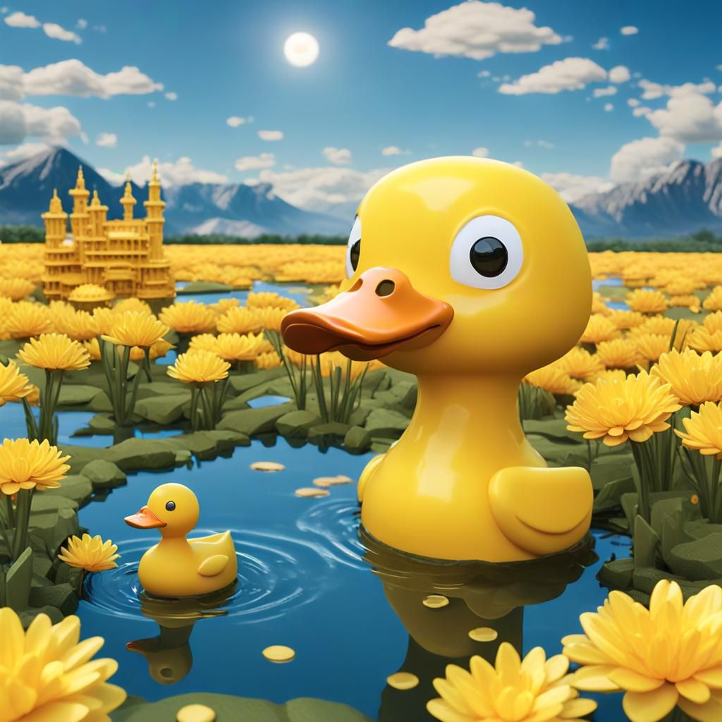 Giant Kaiju Yellow Duck in Sci-Fi Pond