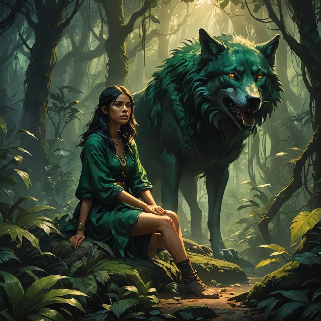Girl in Jungle with Dark Wolf, Fantasy Art