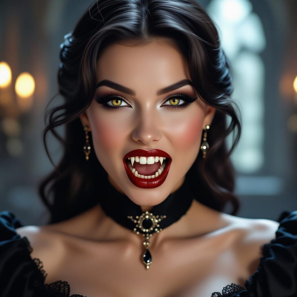 Irresistible Brunette Vampiress Bares Fangs in Close-Up