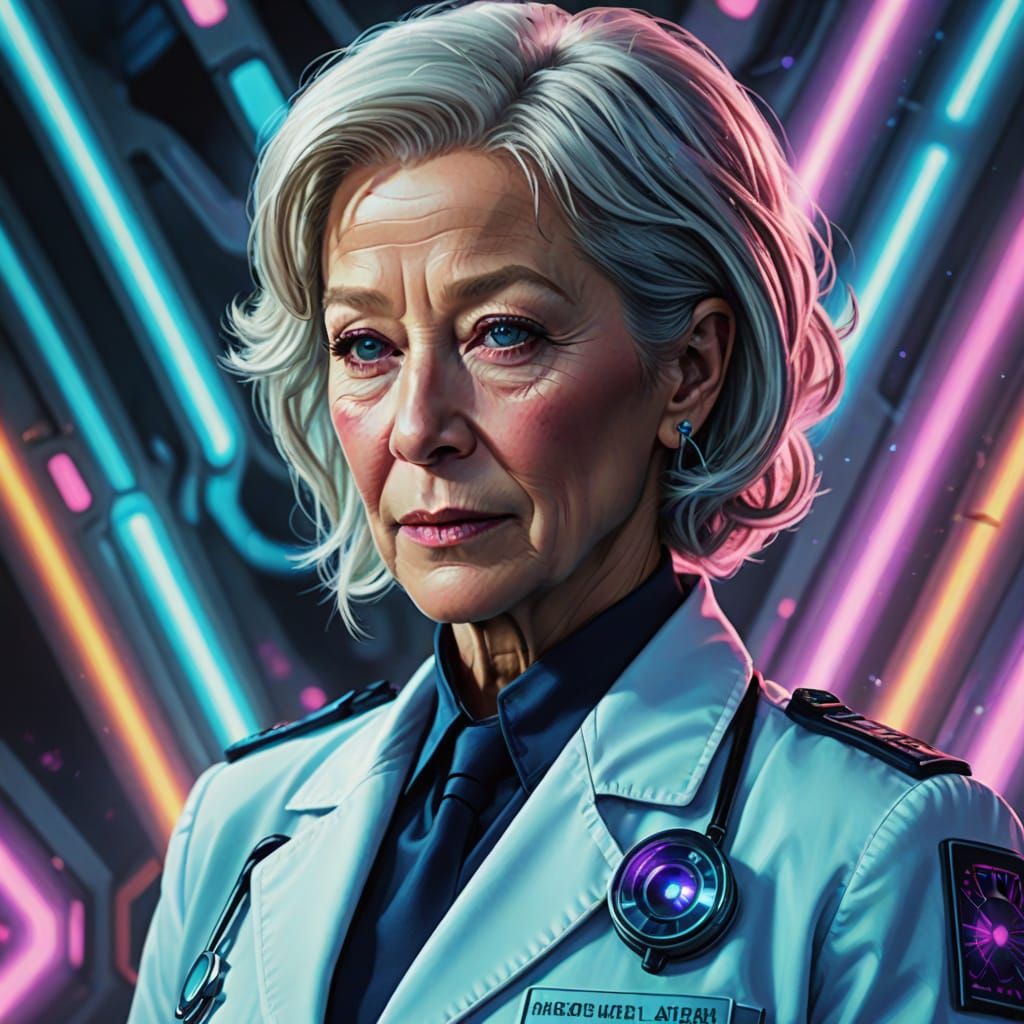 Helen Mirren as Futuristic Doctor in Vibrant Digital Art