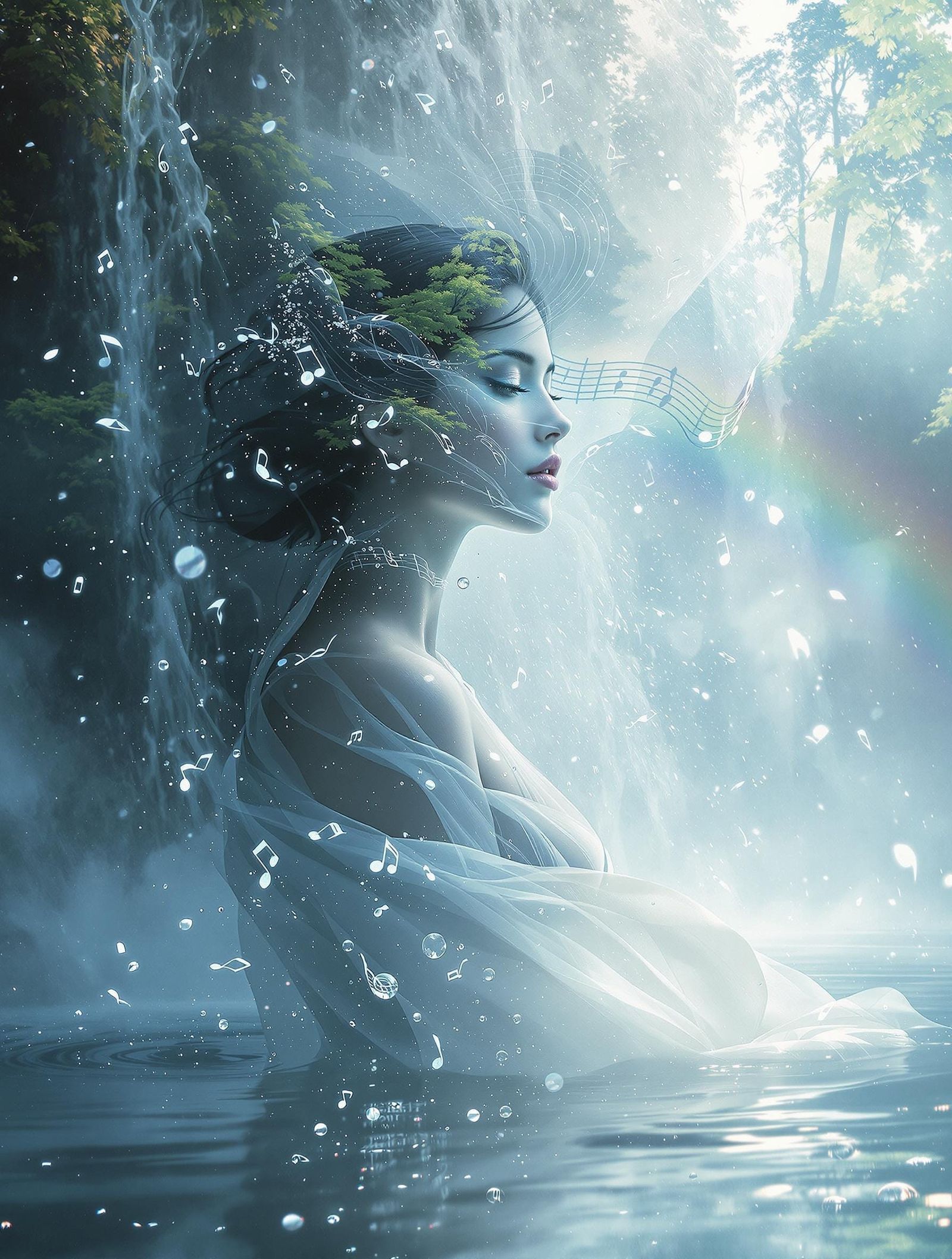 Dreamy Waterfall Goddess in Ethereal Digital Painting