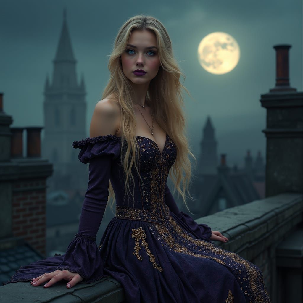 Ethereal Gothic Beauty Sits atop a Moonlit Rooftop