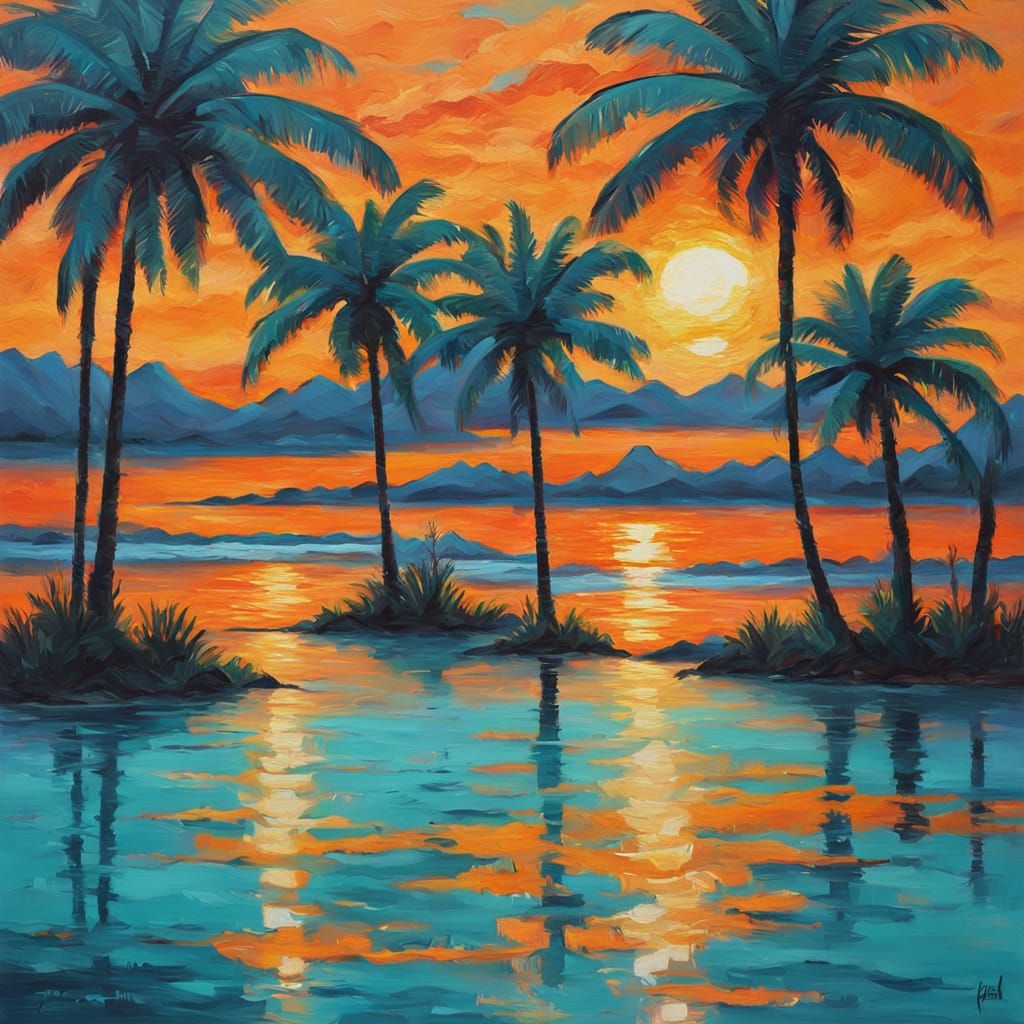 Turquoise Lagoon: Palm Trees at Sunset in Fauvist Style
