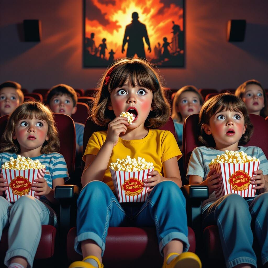 Terrified Girl Watching Horror Movie in Theater