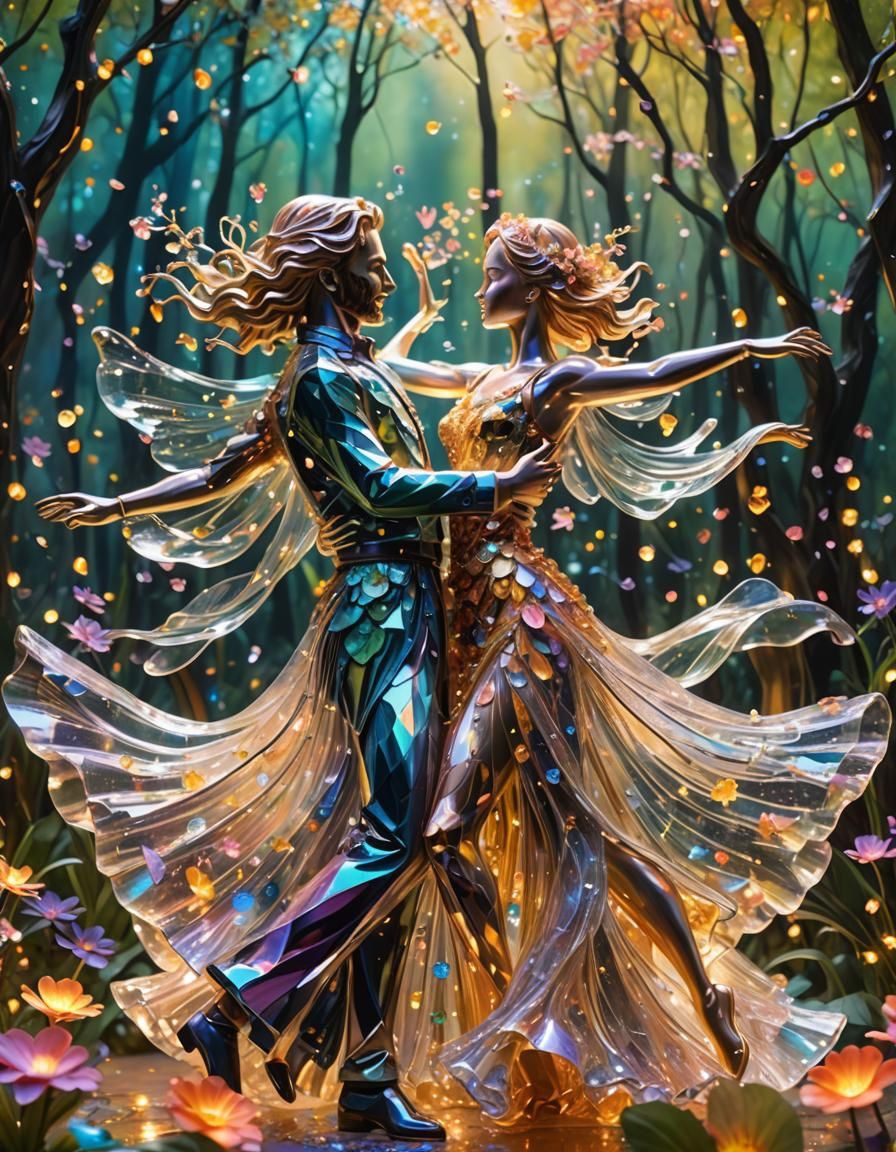 Crystal Sculpture of Dancers in a Lush Forest