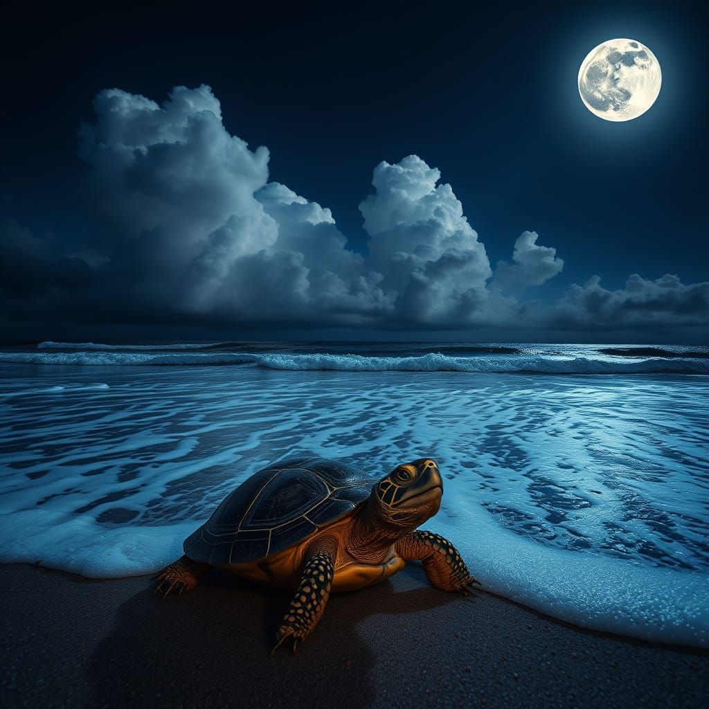 Dramatic Moonlit Sea Scene with Tortoise