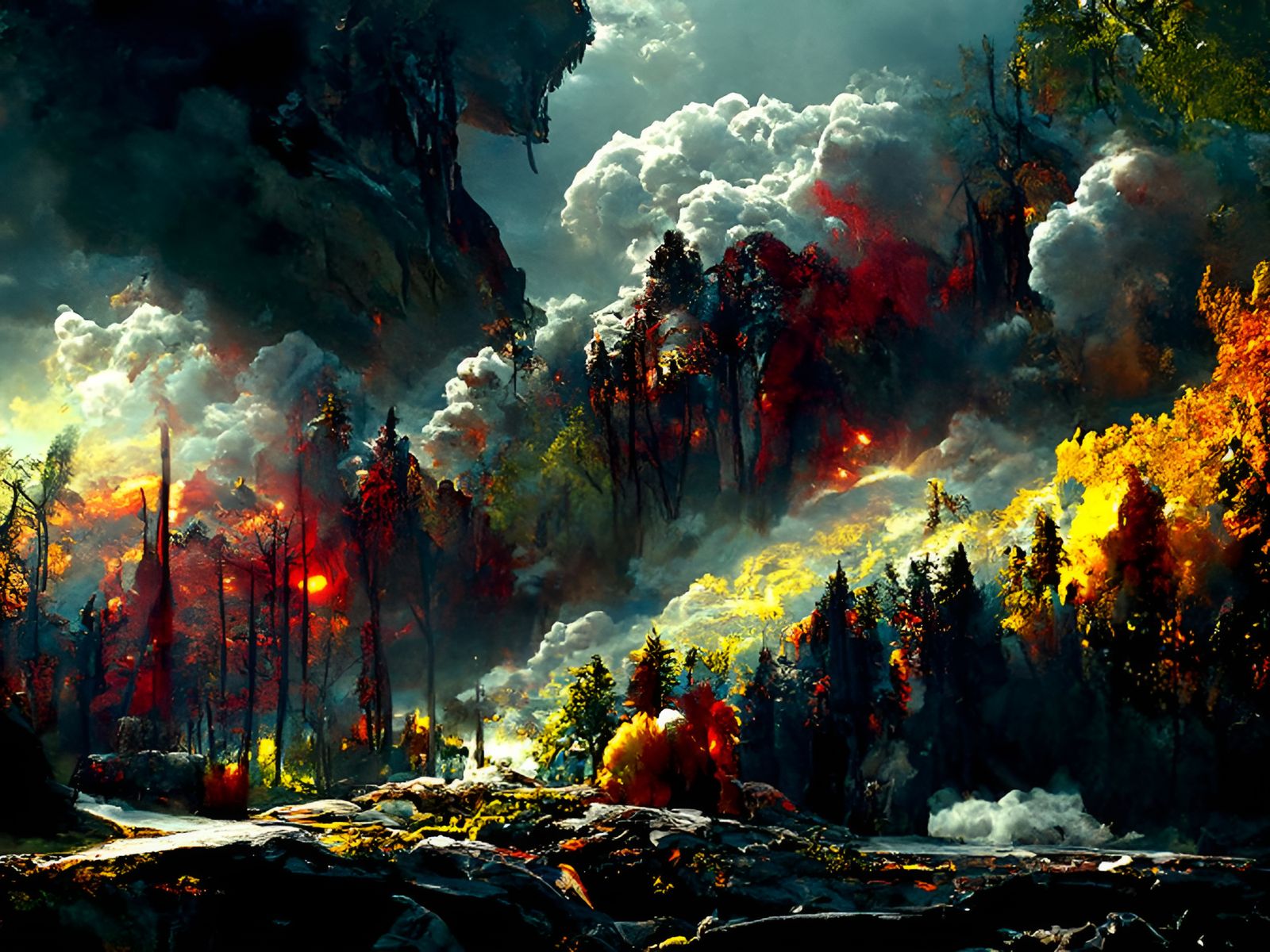 Inferno: Mountain Forest Fire in Romantic Style