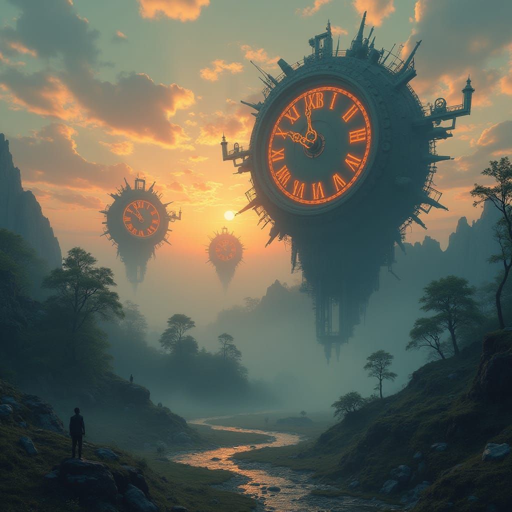 Surreal Landscape with Floating Islands and Giant Clocks