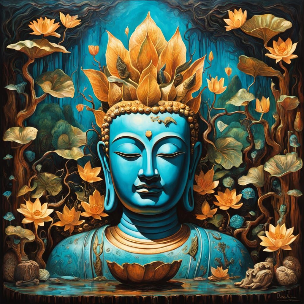 Surrealistic Ancient Buddha in Vibrant Oil Painting