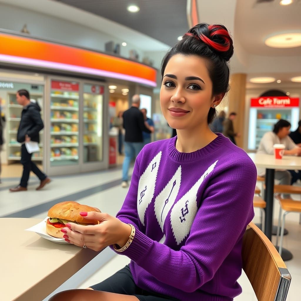 Singer in Violet Sweater at London Food Court