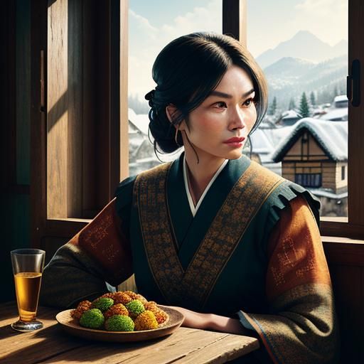 Cozy Village Double Exposure in Hyperrealistic Style