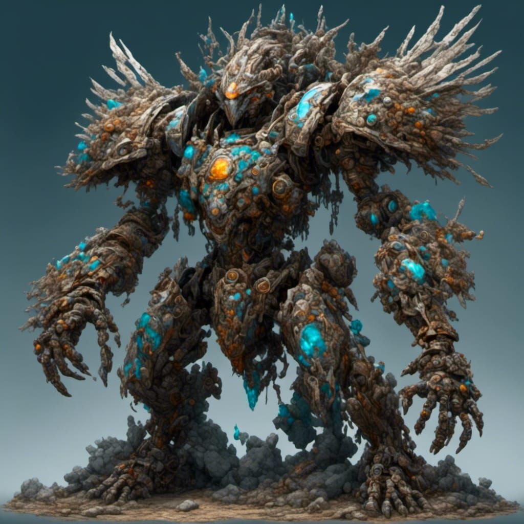 Hyperreal Mechanical Stone Golem in Dynamic Pose