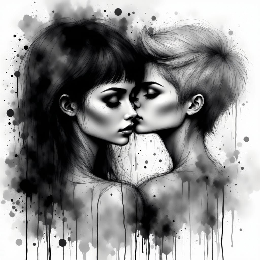 Romantic Charcoal Drawing of Two Women Embracing
