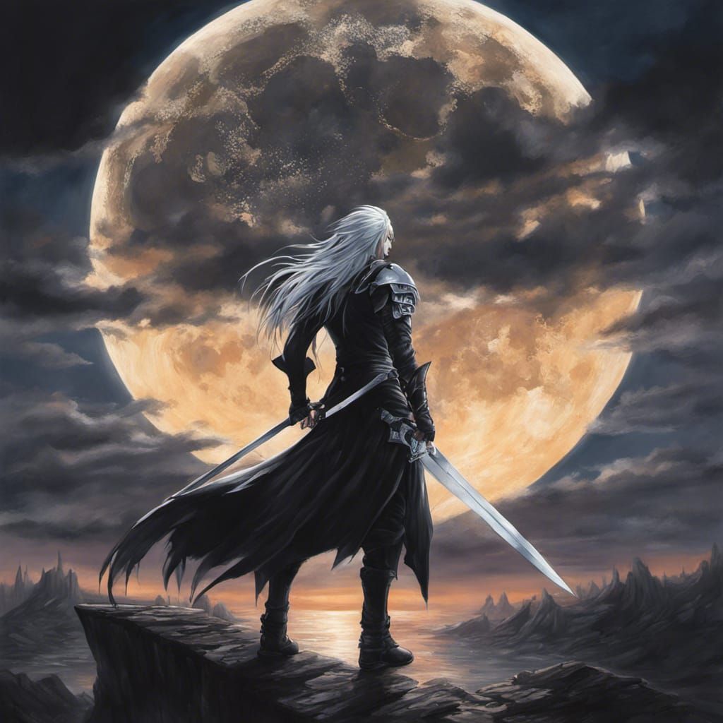 Sephiroth in Dark Fantasy Landscape, Anime Style
