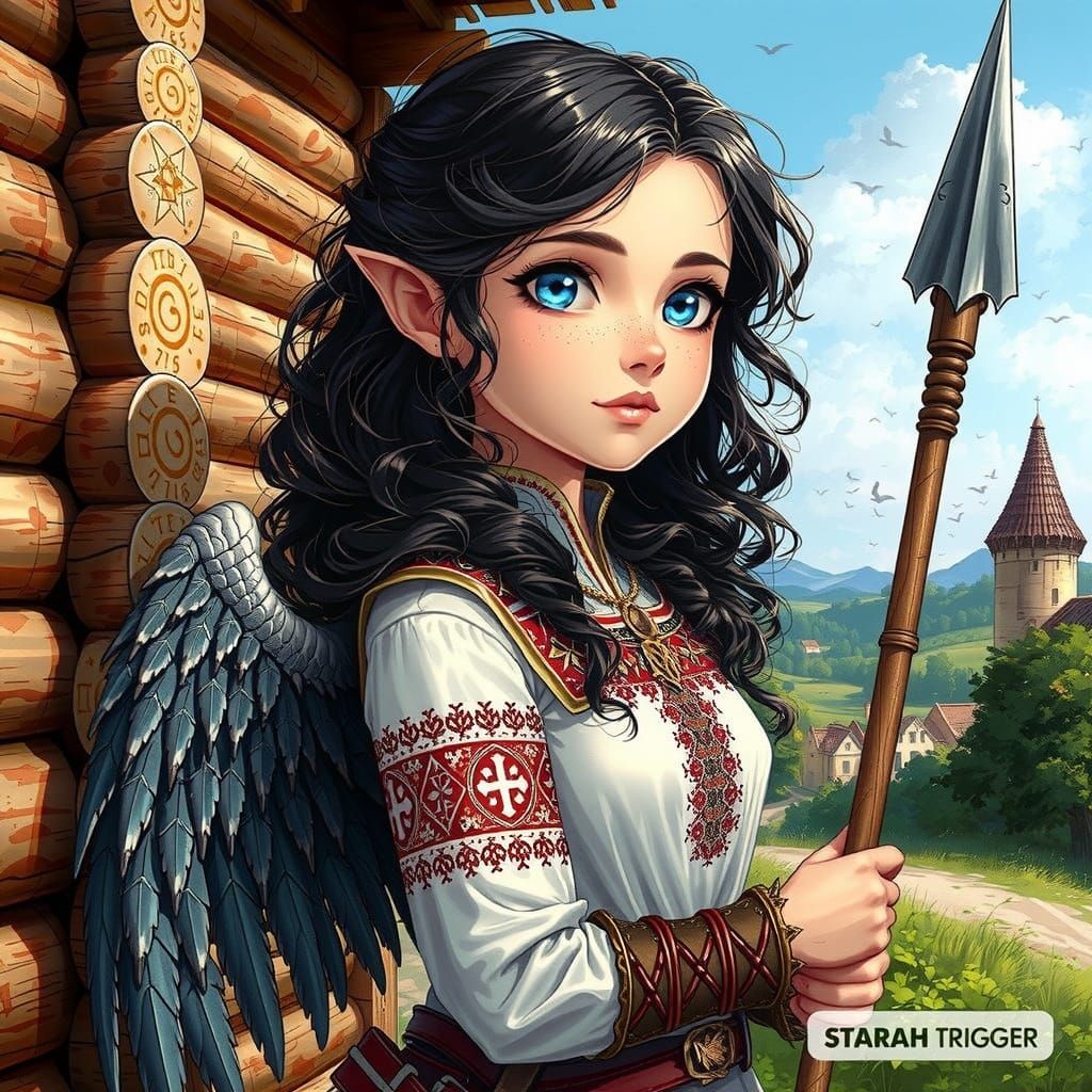 Anime Girl with Wings and Russian Embroidery