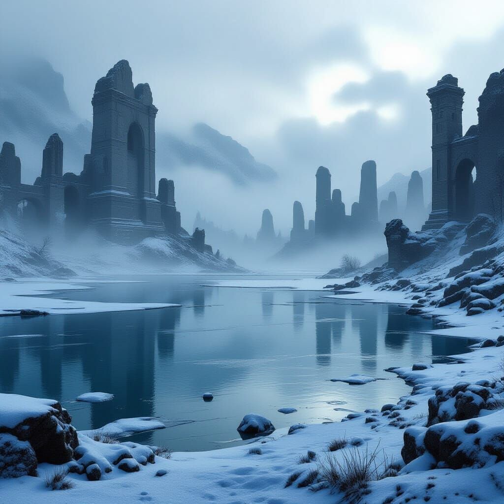 Misty Frozen Lake Surrounded by Ancient Ruins