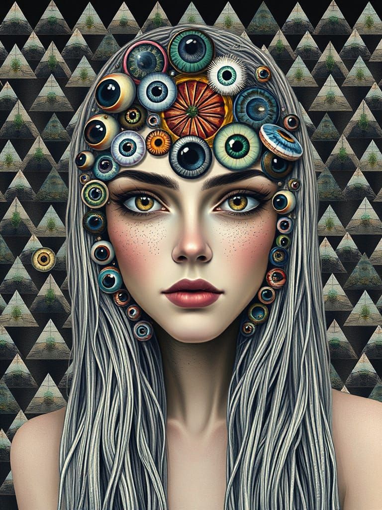 Surreal Goddess with Eyeball Hair amidst Black and White Pyr...