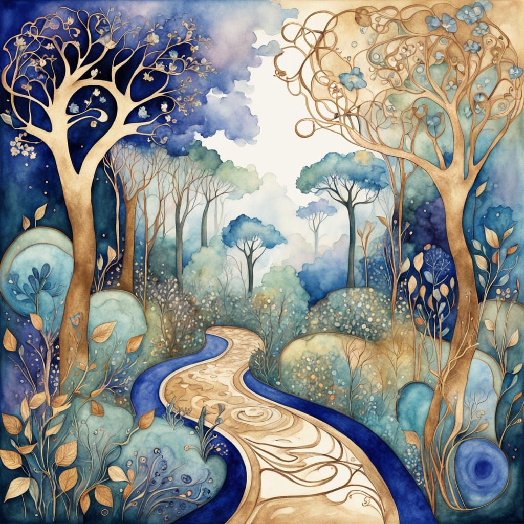 Art Nouveau Garden with Glowing Flowers and Mist